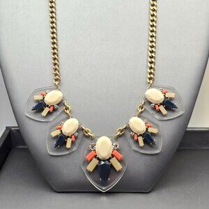 J.Crew Multi-Color Statement Necklace Gold Tone 16" Rhinestones w/ Lucite Shield